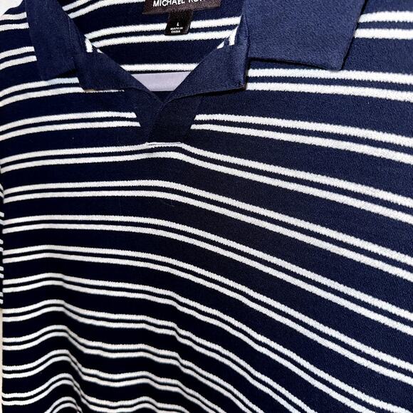 Michael Kors Men's Striped Short Sleeve Polo Blue Multi Size Large Spread Collar - Picture 2 of 9